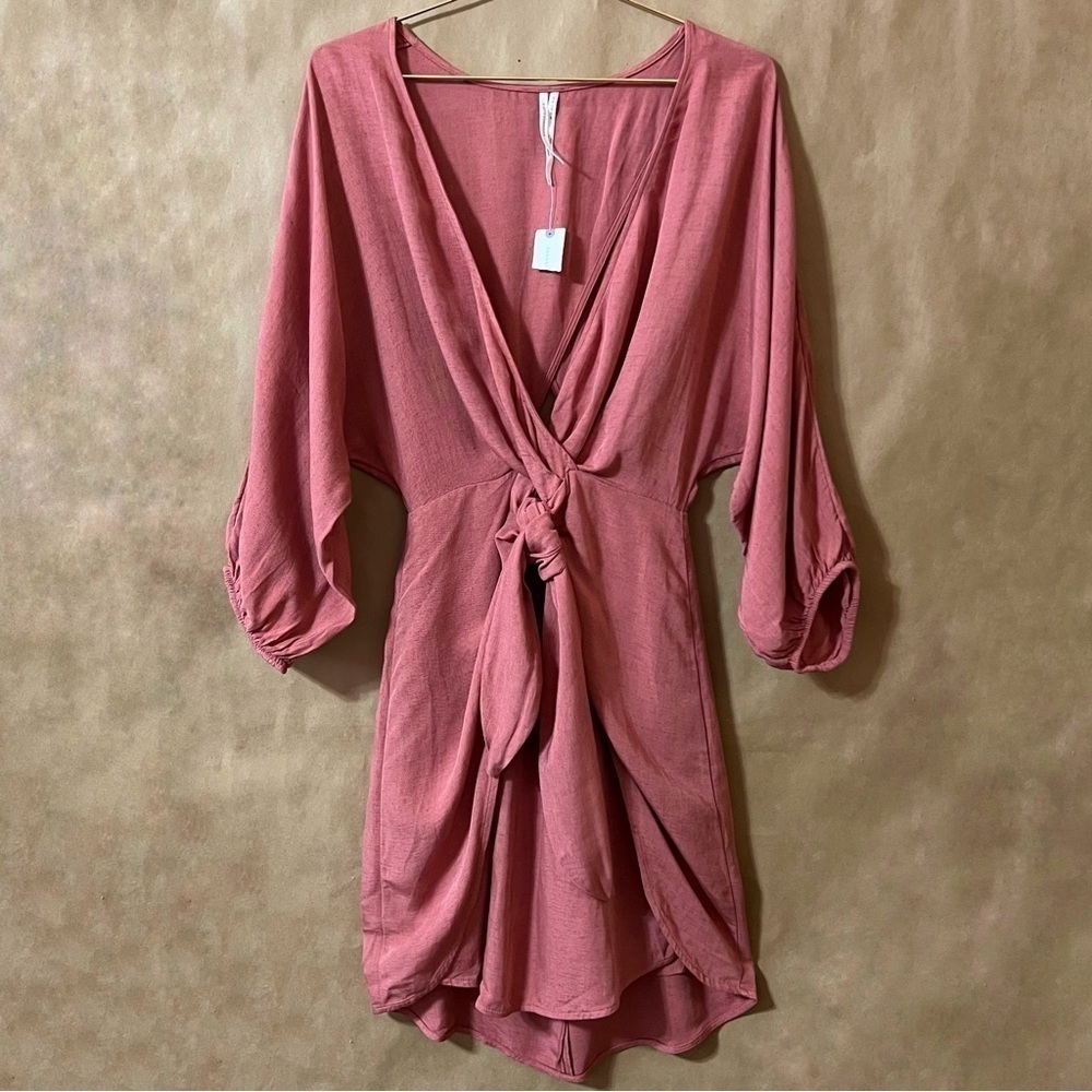 Anthropologie NWT Puff Sleeve Wrap Mini Dress Linen Blend Tie Front Pink Size 8